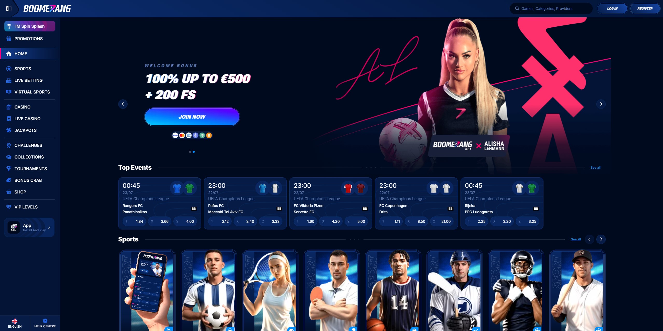 Viðmót Boomerang Casino
